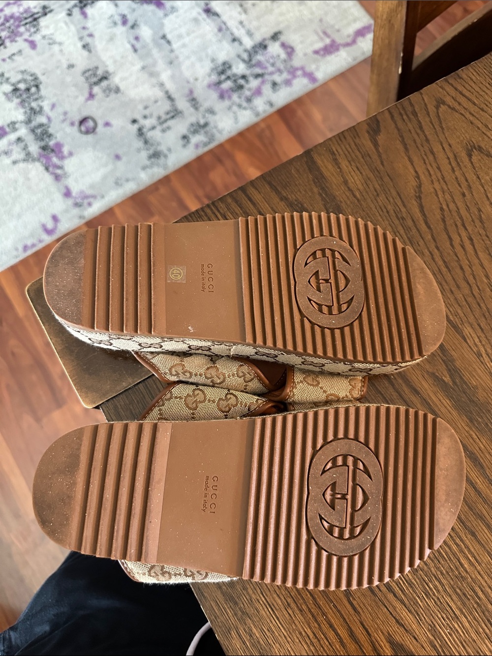 Gucci Beige Brown GG Canvas Crisscross Slide Sandals - Picture 5 of 6